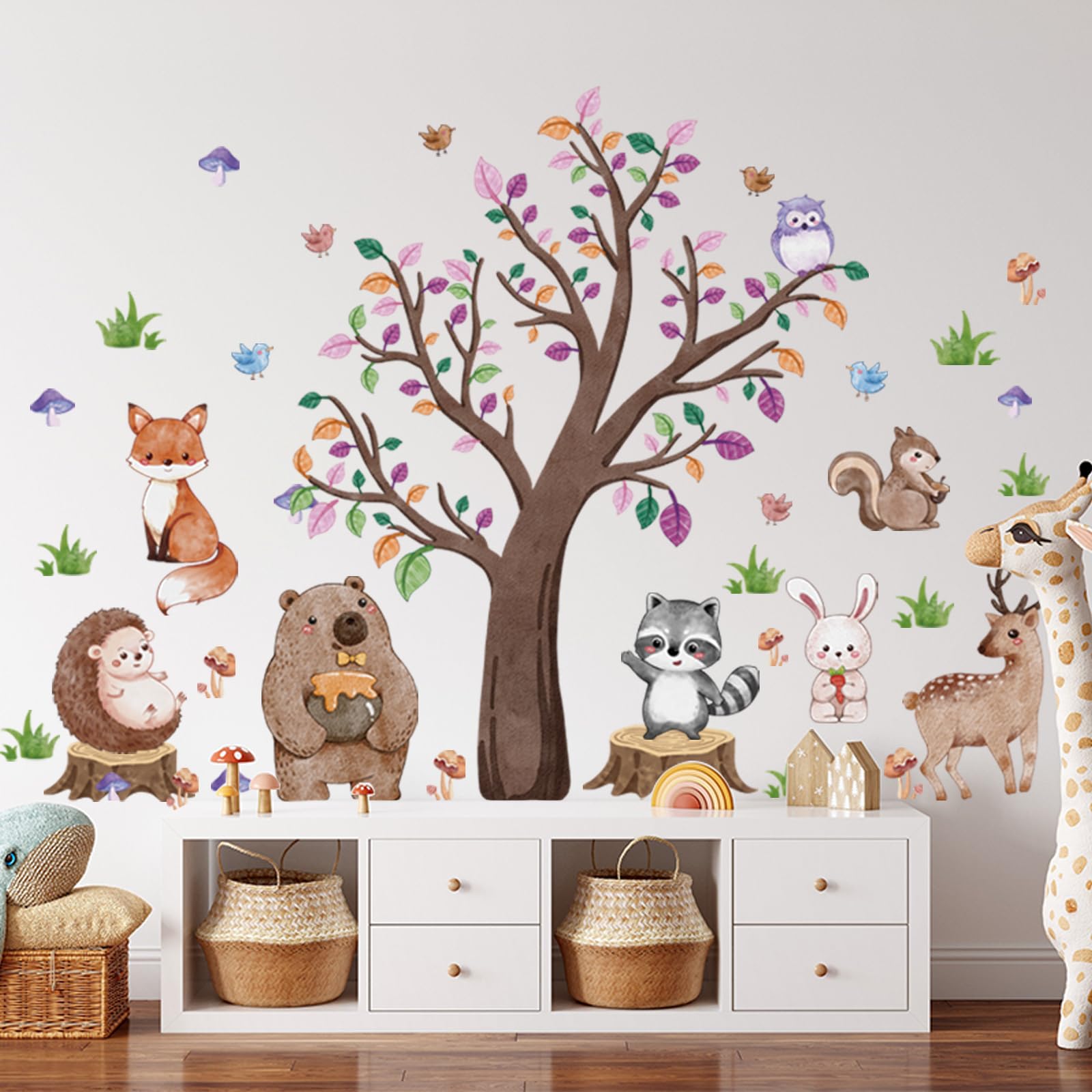 Suplanet Fox and friends wall sticker; bright watercolor style for a cozy kids' room.