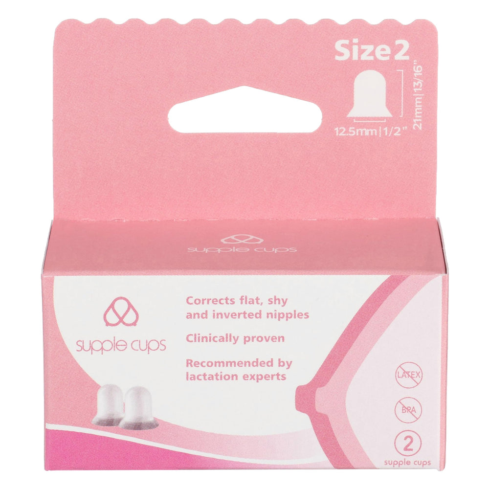 Supple Cups package and cups ready for use, supporting comfortable breastfeeding.