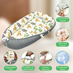 SUPRBIRD Baby Lounger dinosaur-pattern closeup highlights playful lounging for newborns.