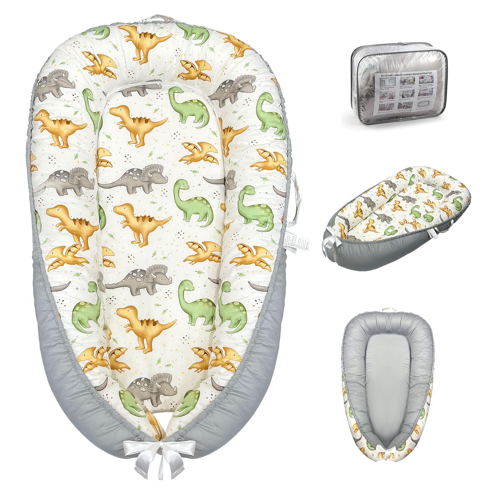SUPRBIRD Baby Lounger gray-side closeup shows breathable cotton comfort for cozy naps.