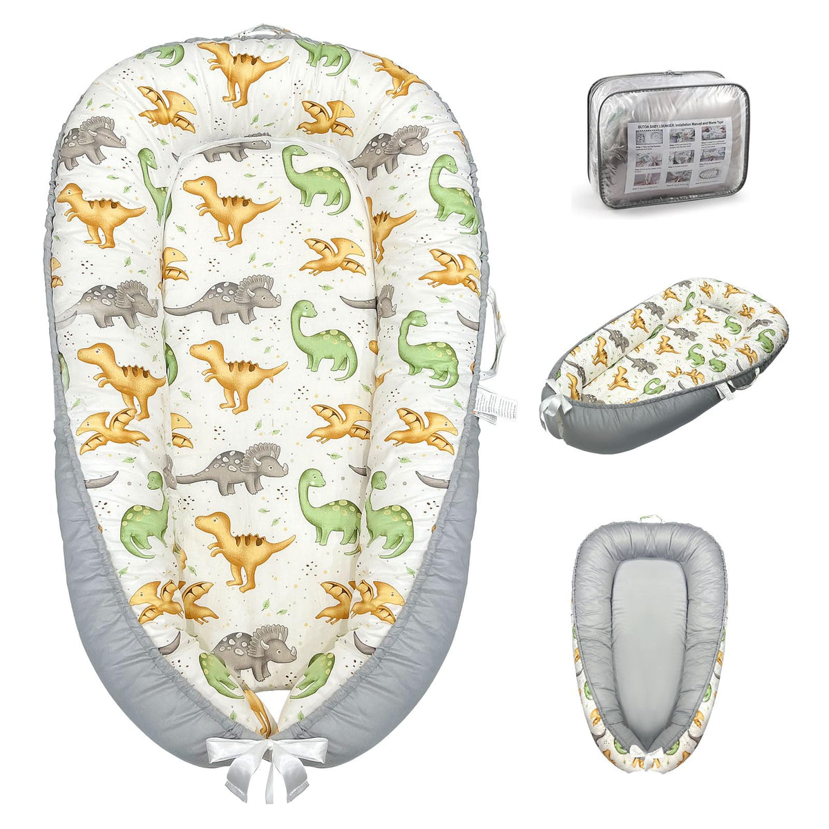 SUPRBIRD Baby Lounger gray-side closeup shows breathable cotton comfort for cozy naps.