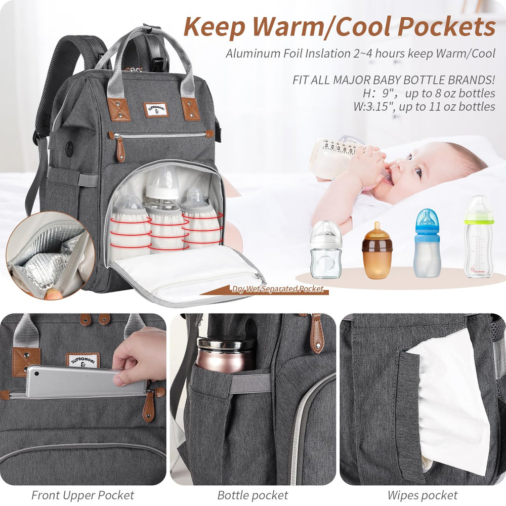 SUPROMOMI diaper bag backpack inside-compartments reveals spaces for diapers and bottles.