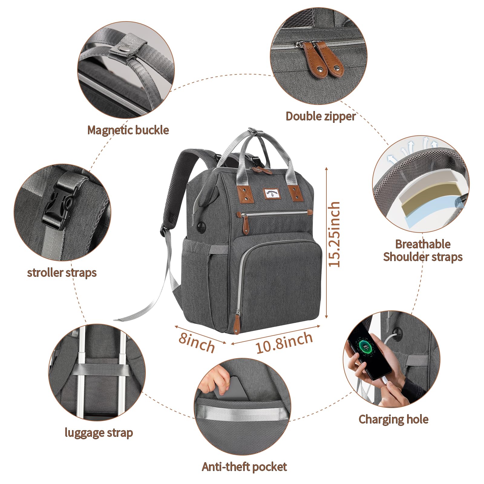 SUPROMOMI diaper bag backpack luggage-strap-ready design supports travel with rolling suitcases.