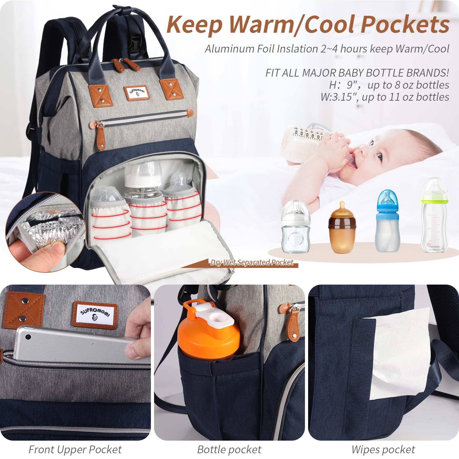 Supromomi diaper bag backpack neutral color suitable for mom and dad