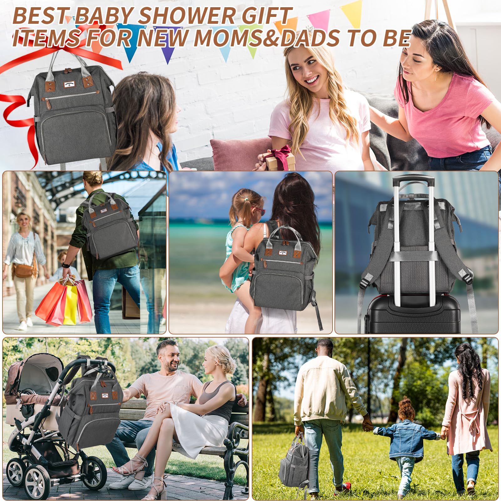 SUPROMOMI diaper bag backpack gray-neutral color appeals to both moms and dads.