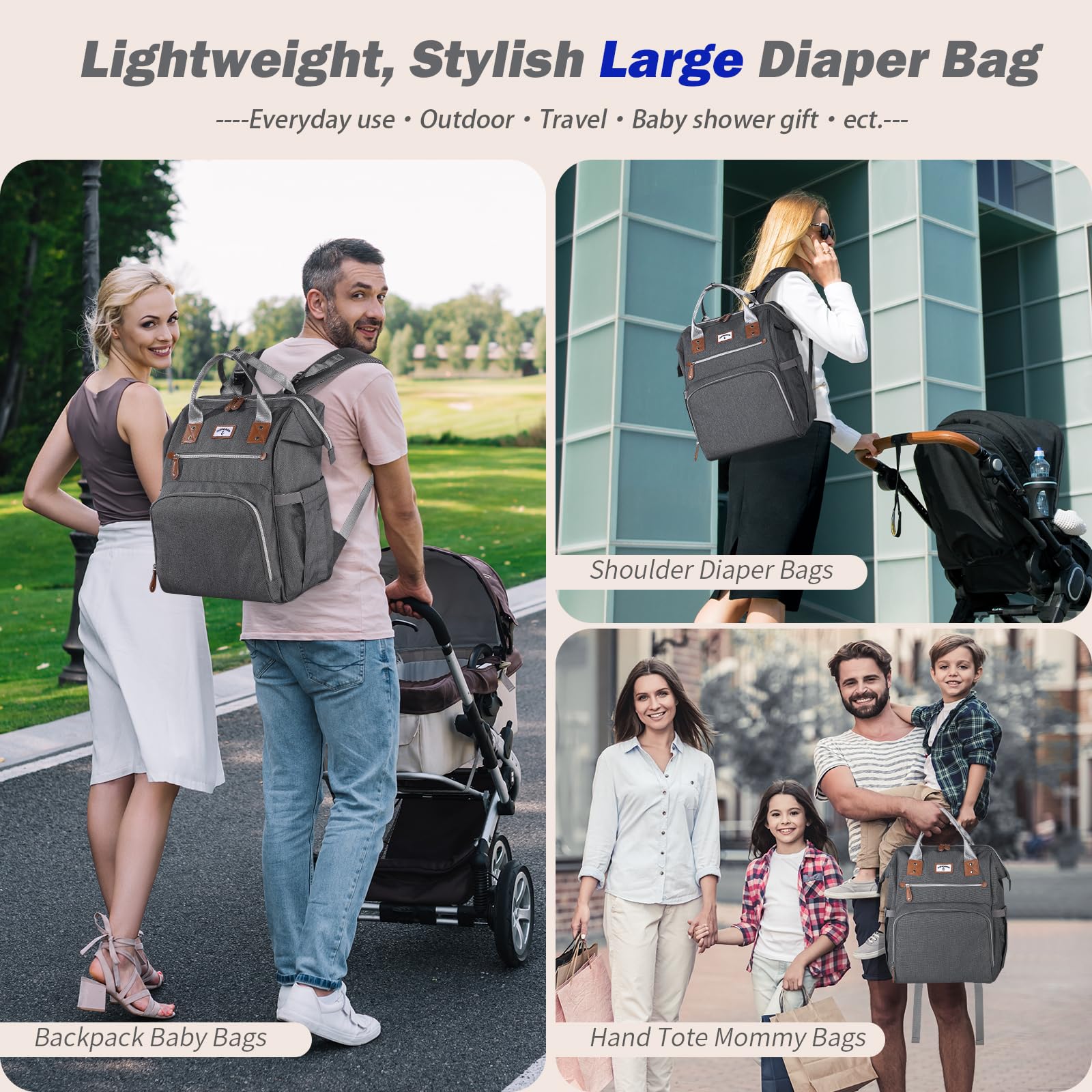 SUPROMOMI diaper bag backpack side-pocket view highlighting organized storage and quick access.