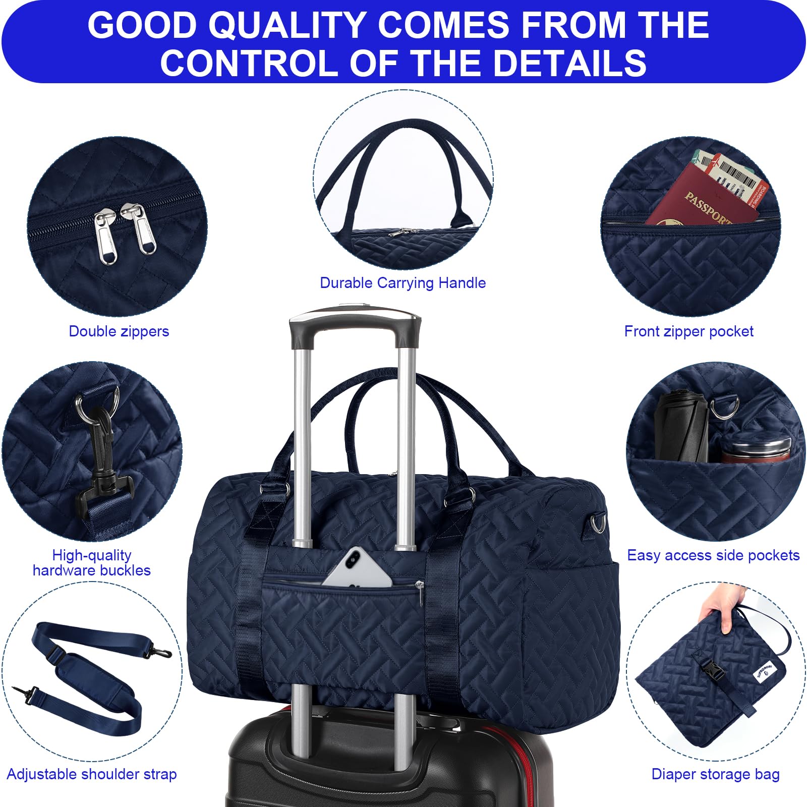 SUPROMOMI diaper bag tote 15-pocket layout shown on exterior and interior