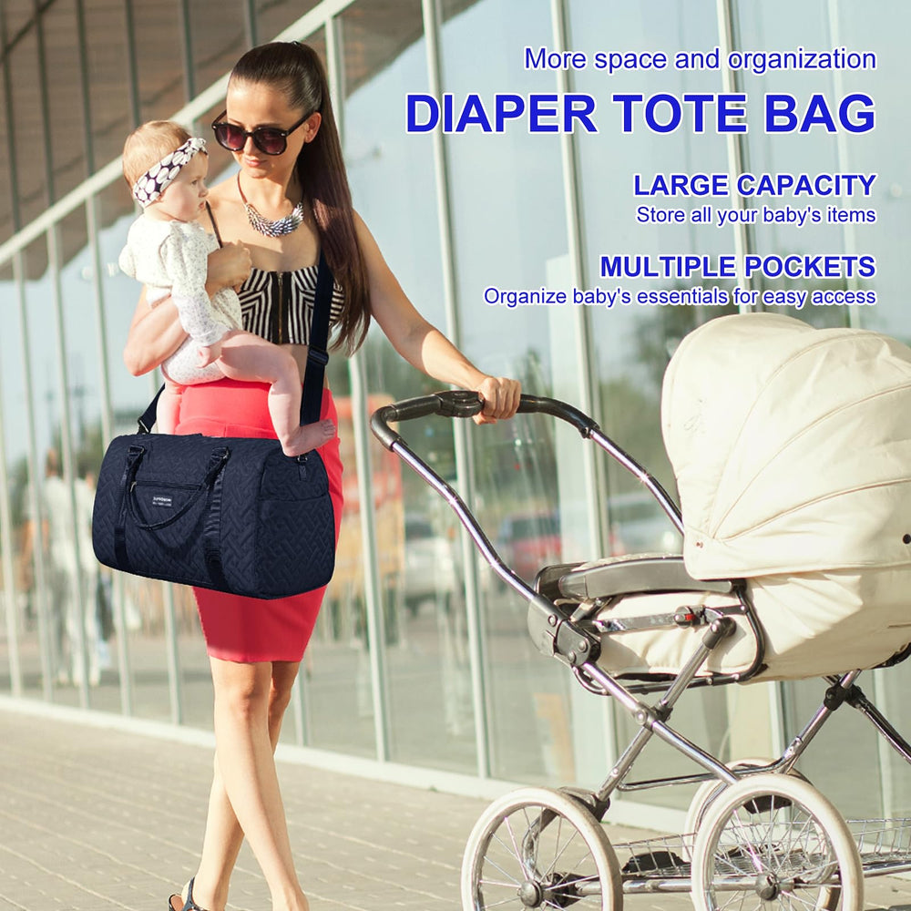 SUPROMOMI diaper bag tote side pocket detail highlighting organized storage