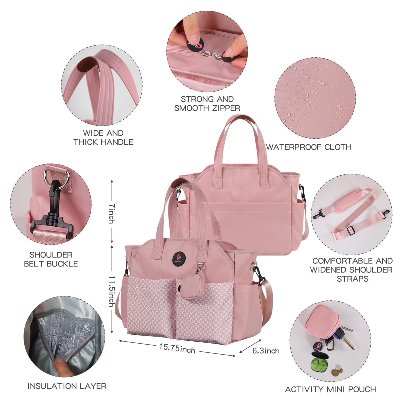 SUPROMOMI diaper tote back pocket stores a diaper pad for easy changes.
