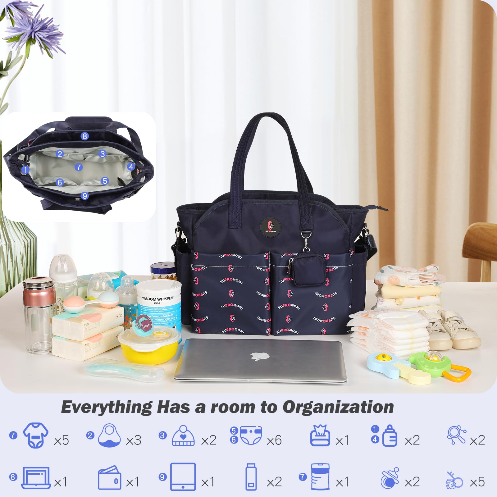 SUPROMOMI diaper tote detachable strap provides comfortable crossbody carrying for hands-free travel