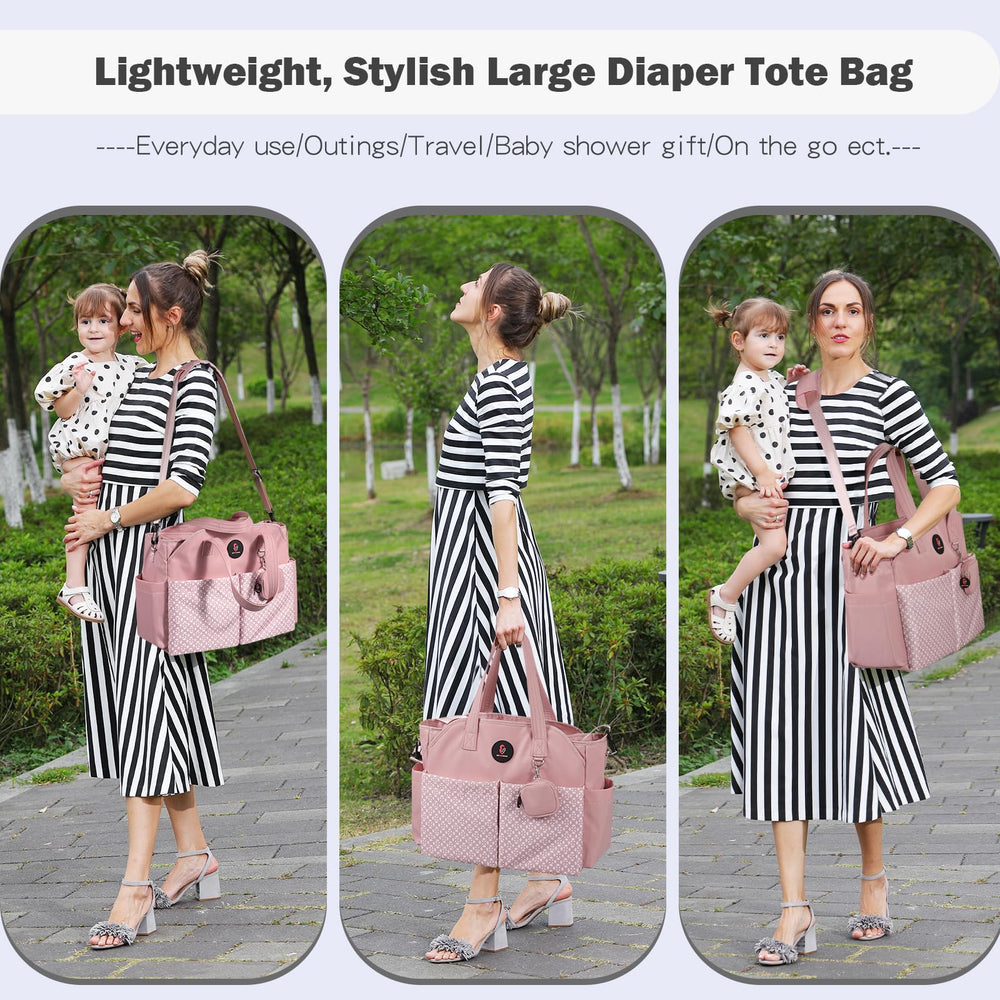 SUPROMOMI diaper tote front pocket view for quick-access wipes and snacks.