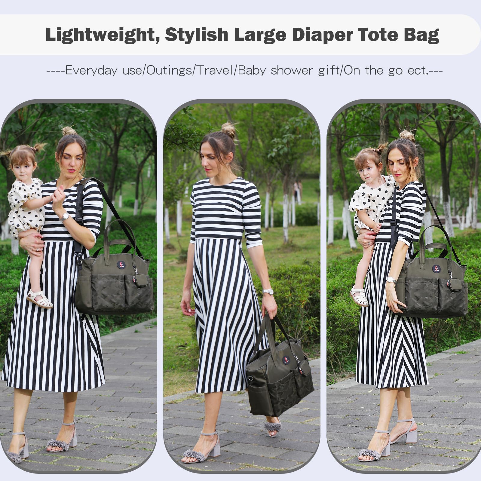 SUPROMOMI Diaper Tote insulated pocket keeps bottles warm or cold during trips.