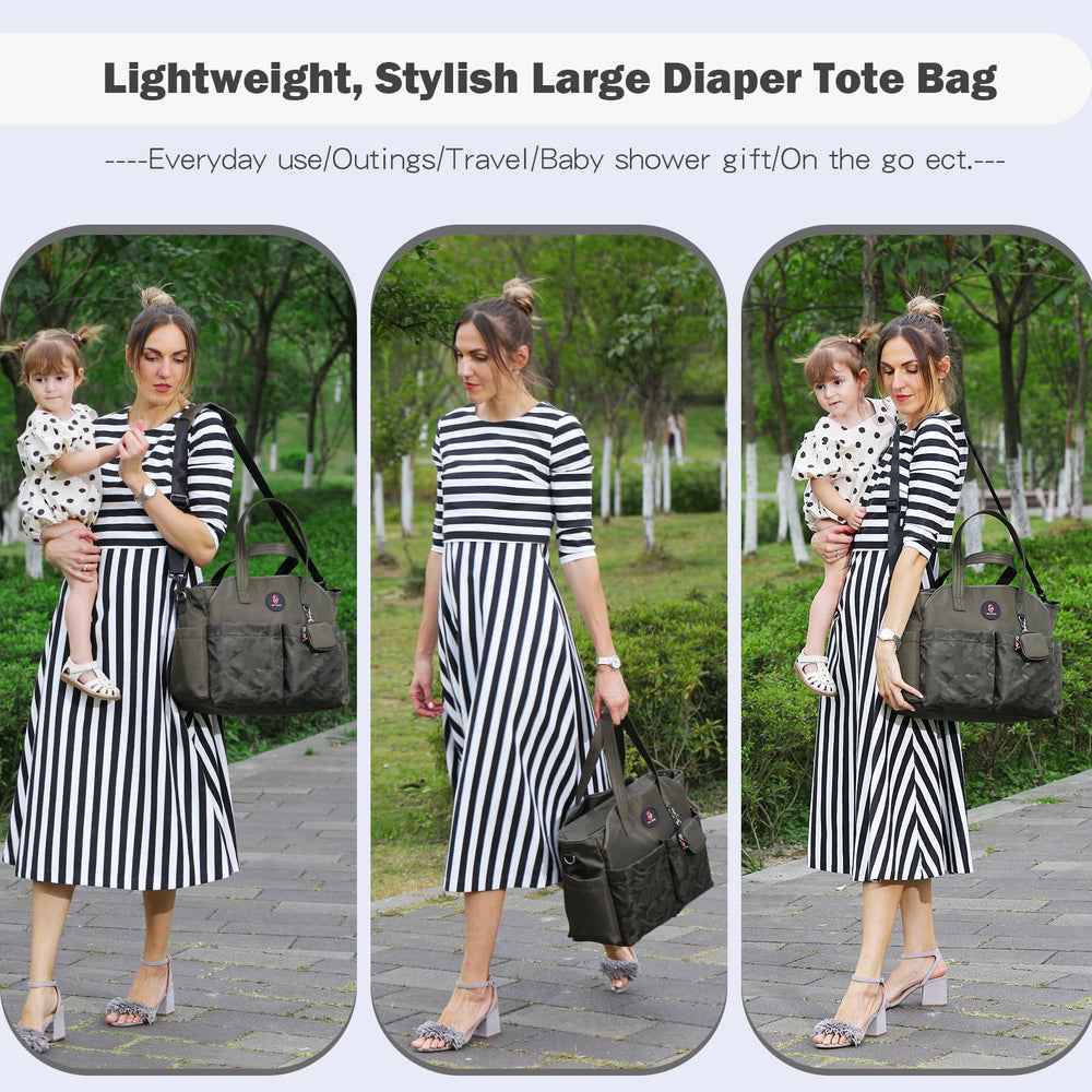 SUPROMOMI Diaper Tote insulated pocket keeps bottles warm or cold during trips.