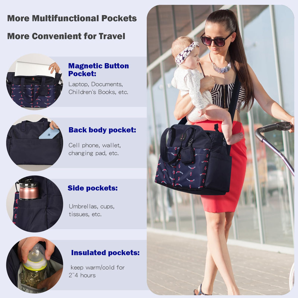 SUPROMOMI diaper tote multi-pocket layout offers quick access to wipes, diapers, and snacks