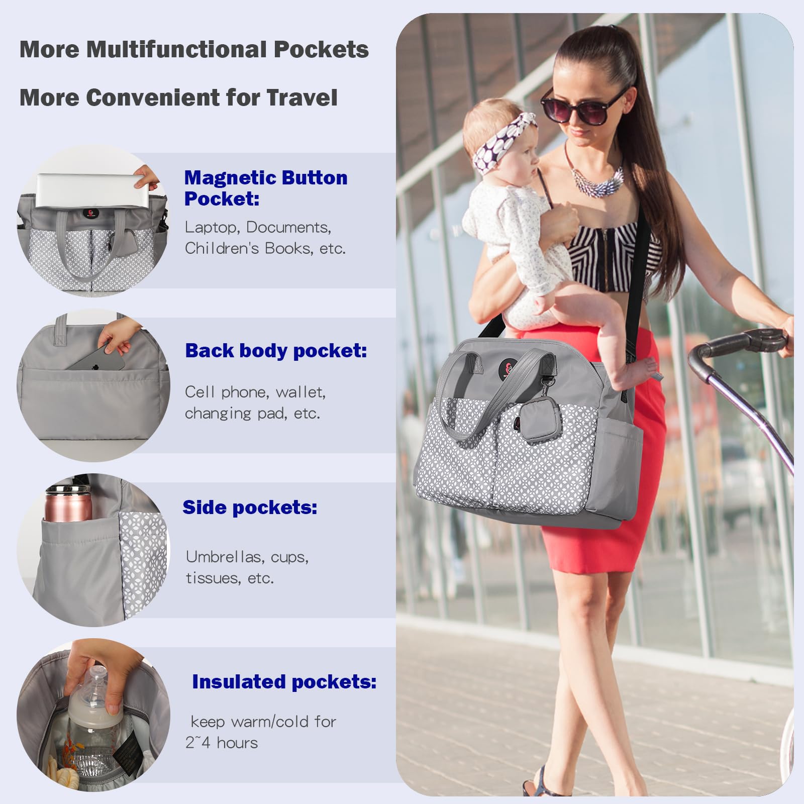 SUPROMOMI diaper tote features multiple insulated pockets for temperature-sensitive feeds