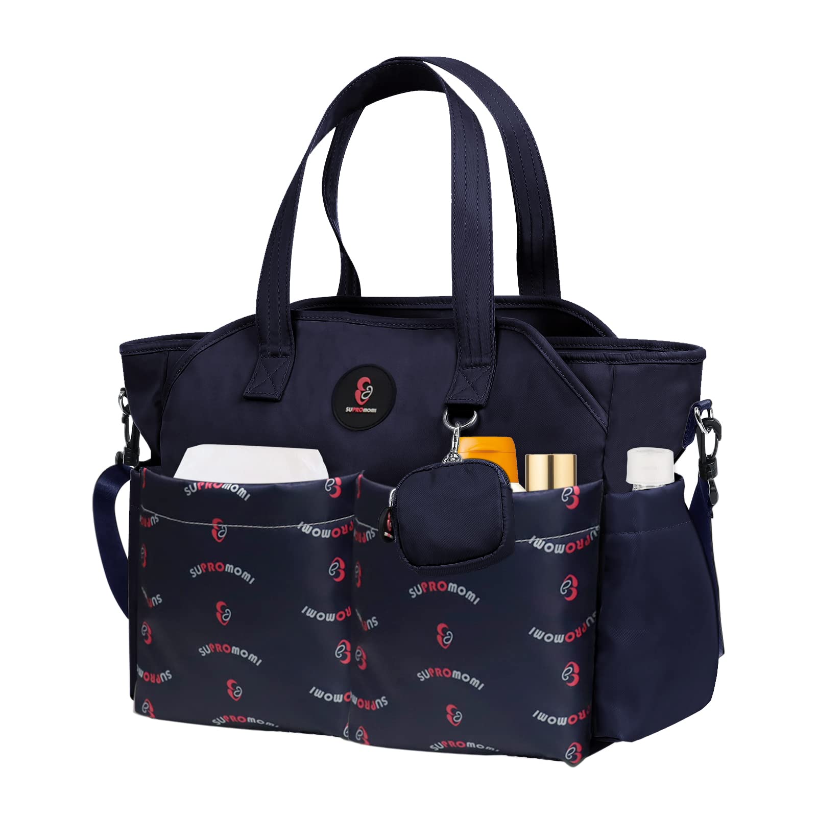 SUPROMOMI diaper tote navy front pocket keeps essentials organized on the go for busy parents