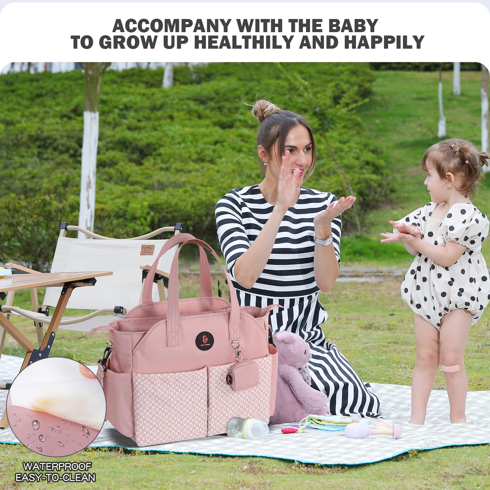 SUPROMOMI diaper tote with removable strap offers crossbody or tote carry.