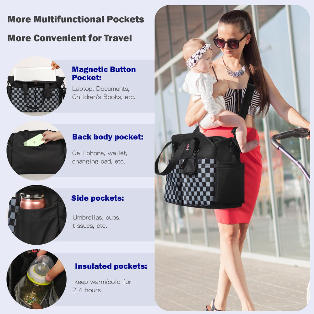 SUPROMOMI diaper tote with adjustable shoulder strap adapts to crossbody or tote carry.