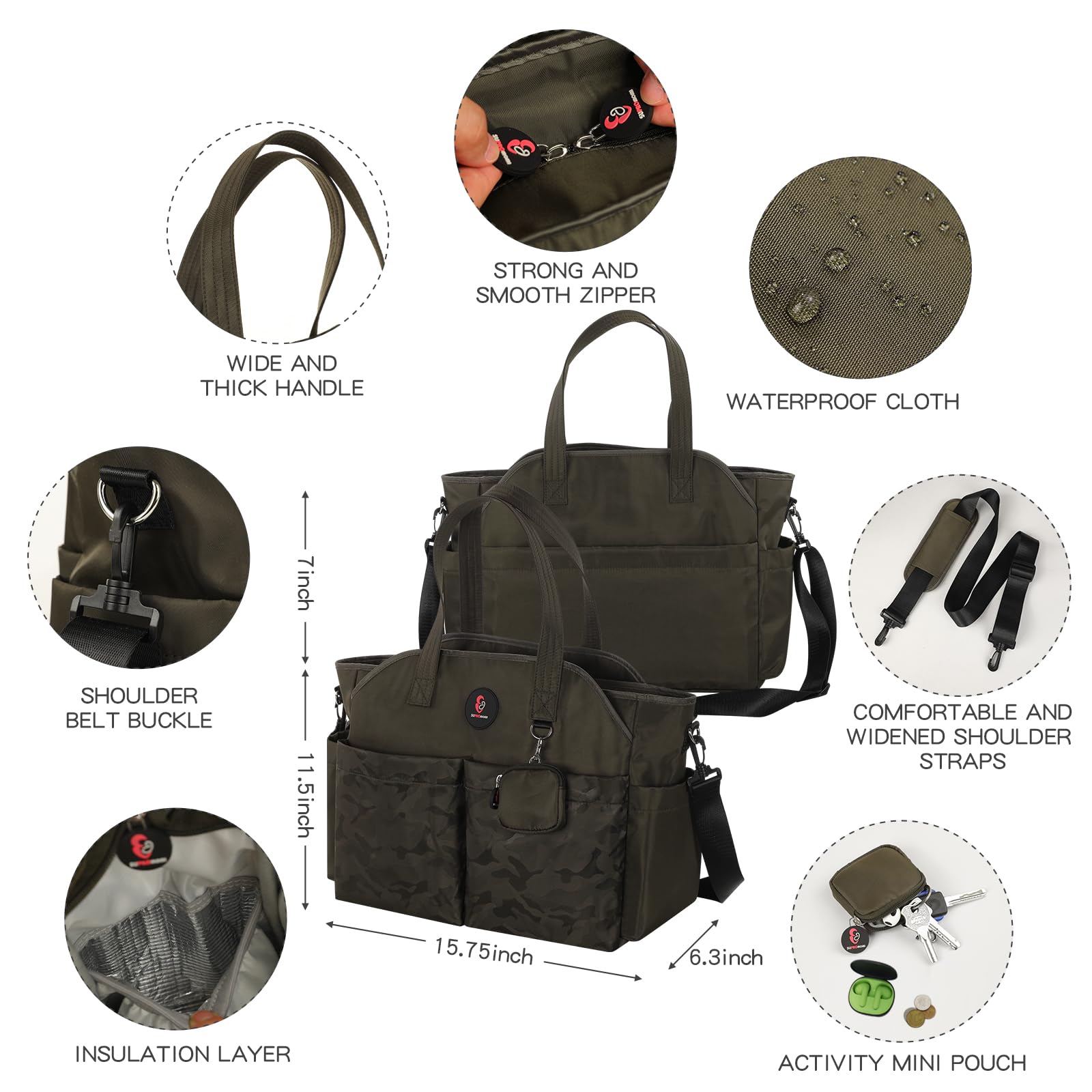 SUPROMOMI Diaper Tote side pockets fit water bottles or umbrellas for easy access.