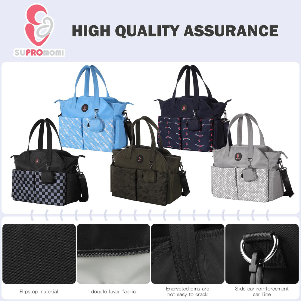 SUPROMOMI diaper tote back pocket stores diaper pad for easy on-the-go changes.
