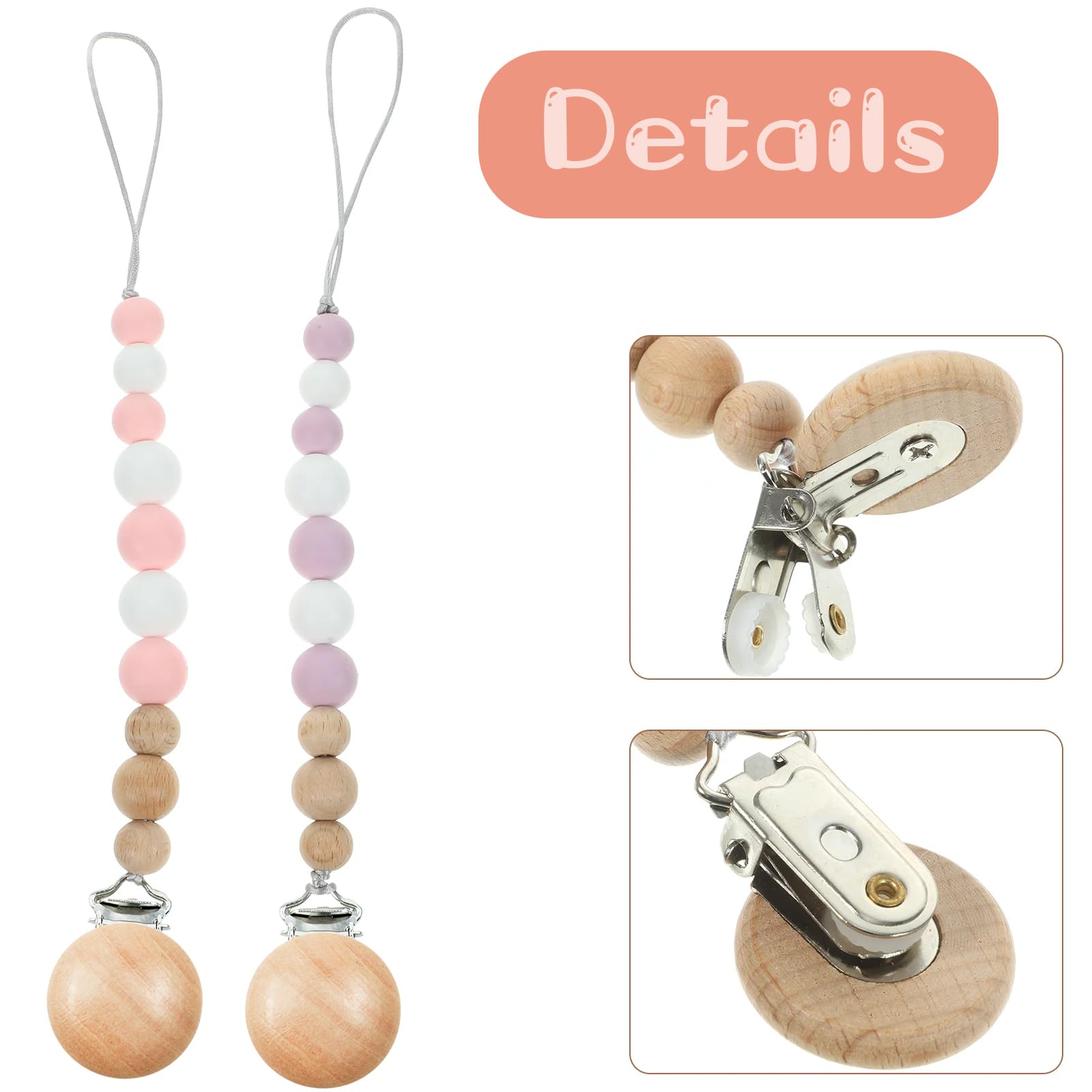 Suptizizkz wood pacifier clips on baby clothes showing secure attachment