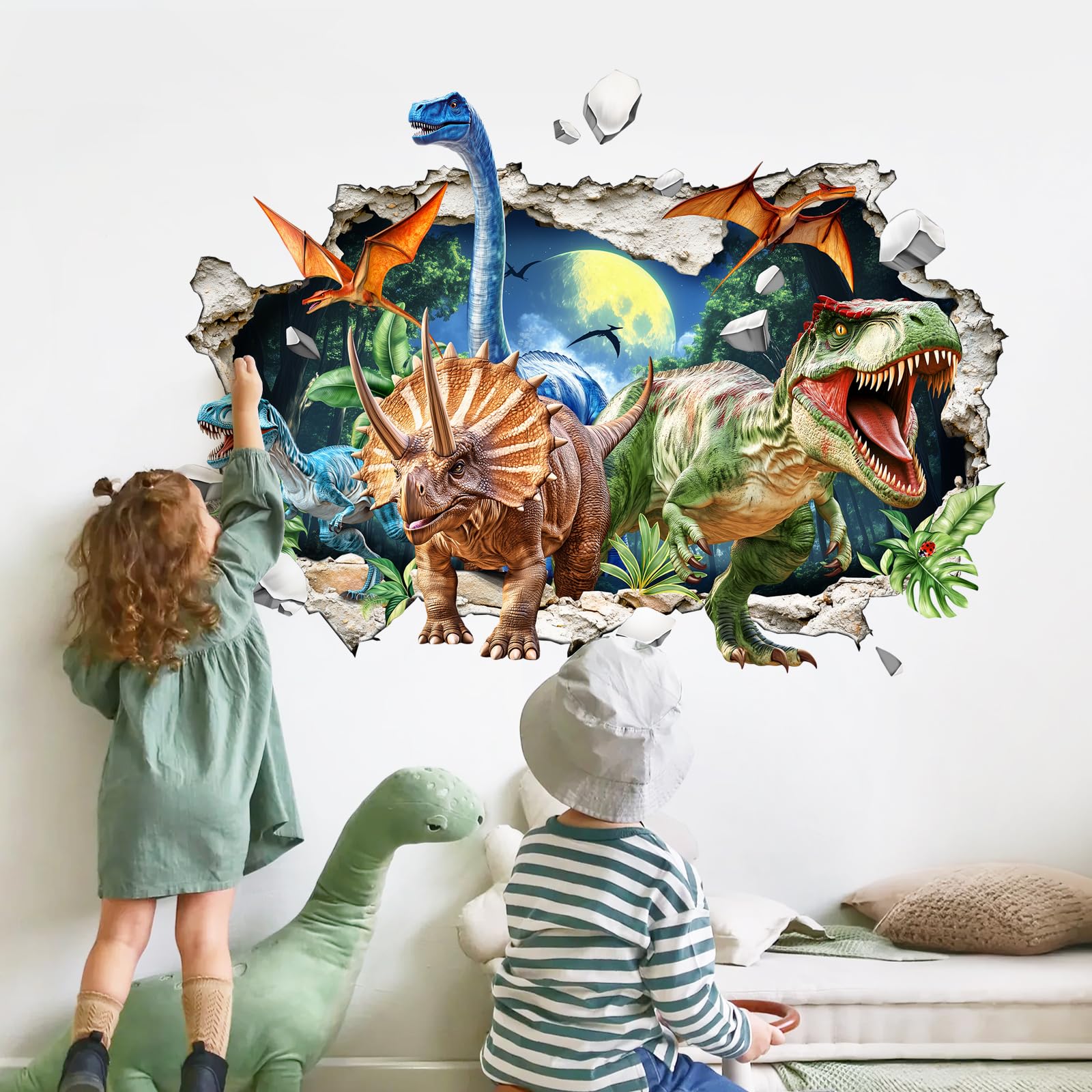 Supzone 3D dinosaur wall decal burst through design adds dynamic room drama for kids.