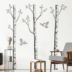 Supzone birch tree wall decal with birds in flight adds movement to spaces.