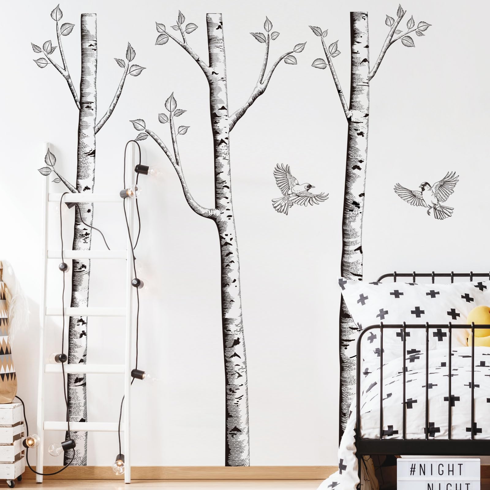 Supzone black and white birch trunks elevate bedroom decor with simple lines.