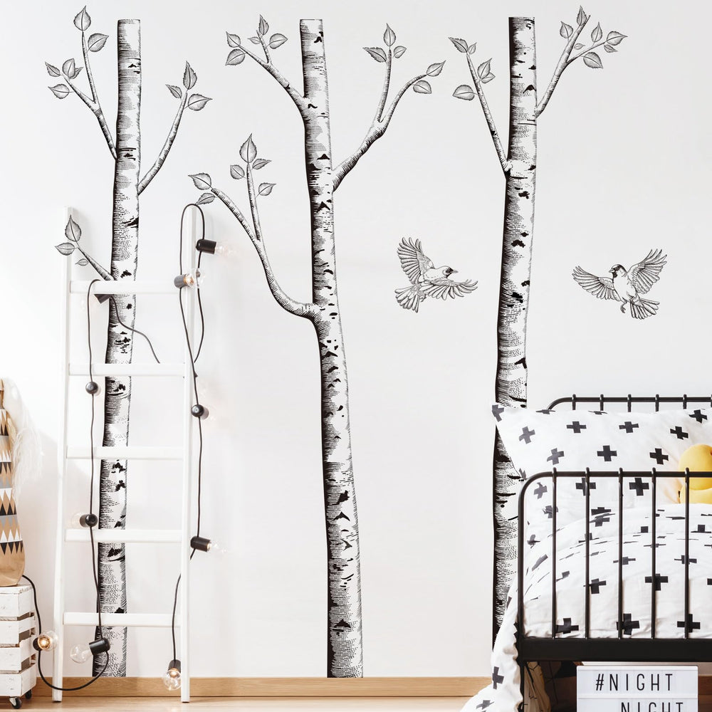 Supzone black and white birch trunks elevate bedroom decor with simple lines.