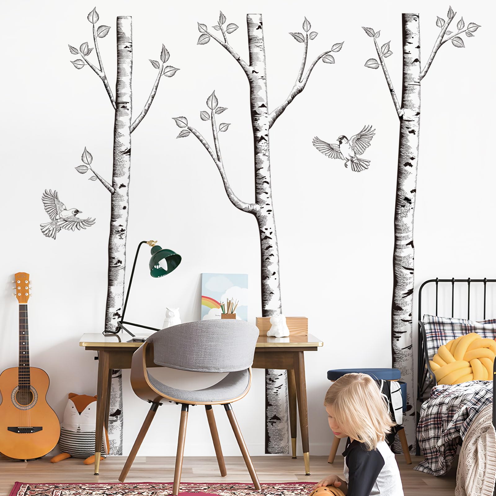 Supzone giant birch tree wall decal setup for a clean minimalist living room.