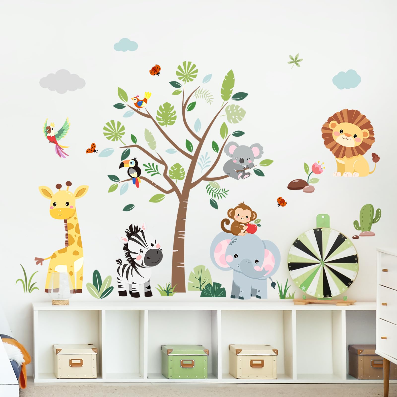 Supzone jungle animals tree wall decal elephant—vivid mural for imaginative play