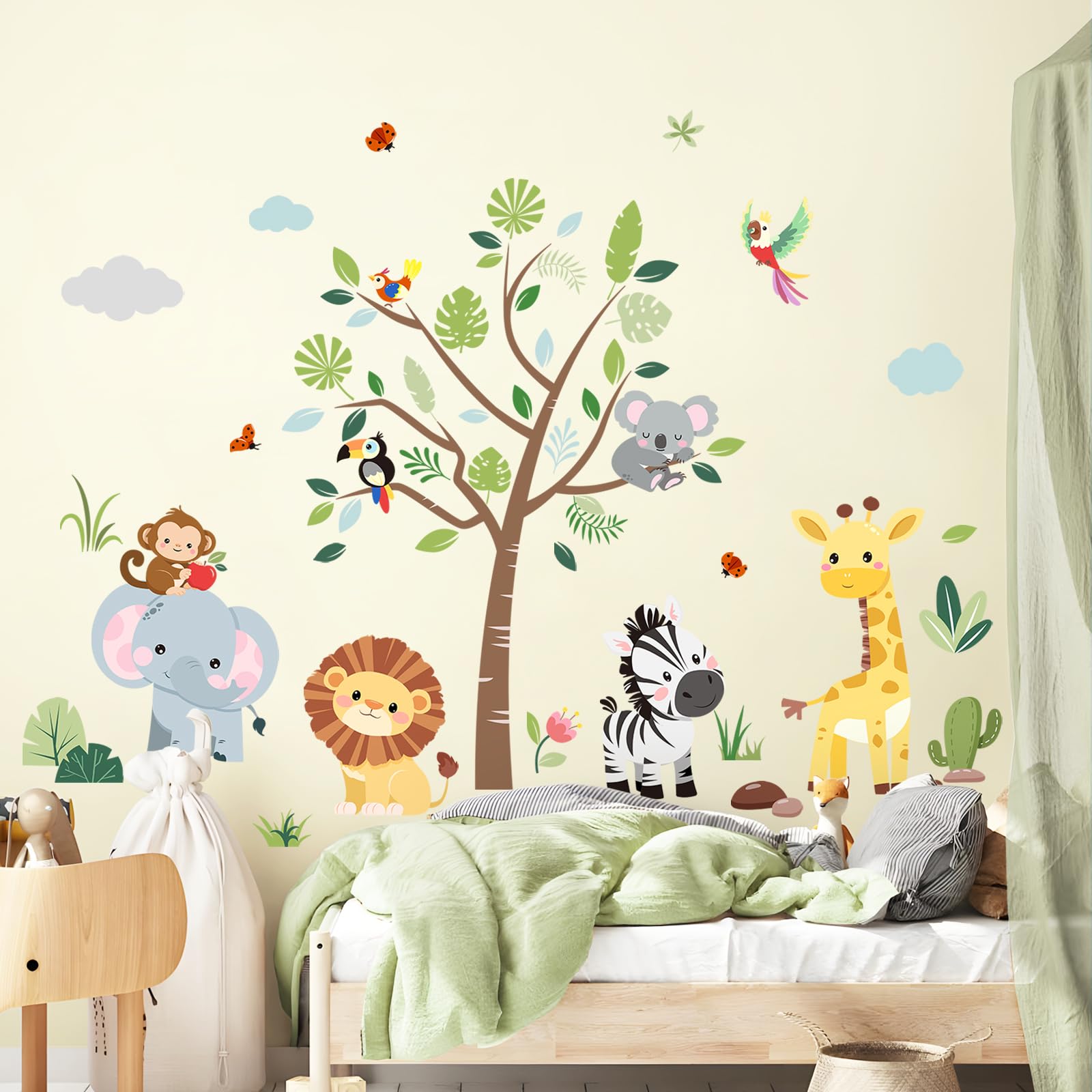 Supzone jungle animals tree wall decal giraffe—bright colors energize the room