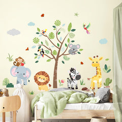 Supzone jungle animals tree wall decal giraffe—bright colors energize the room