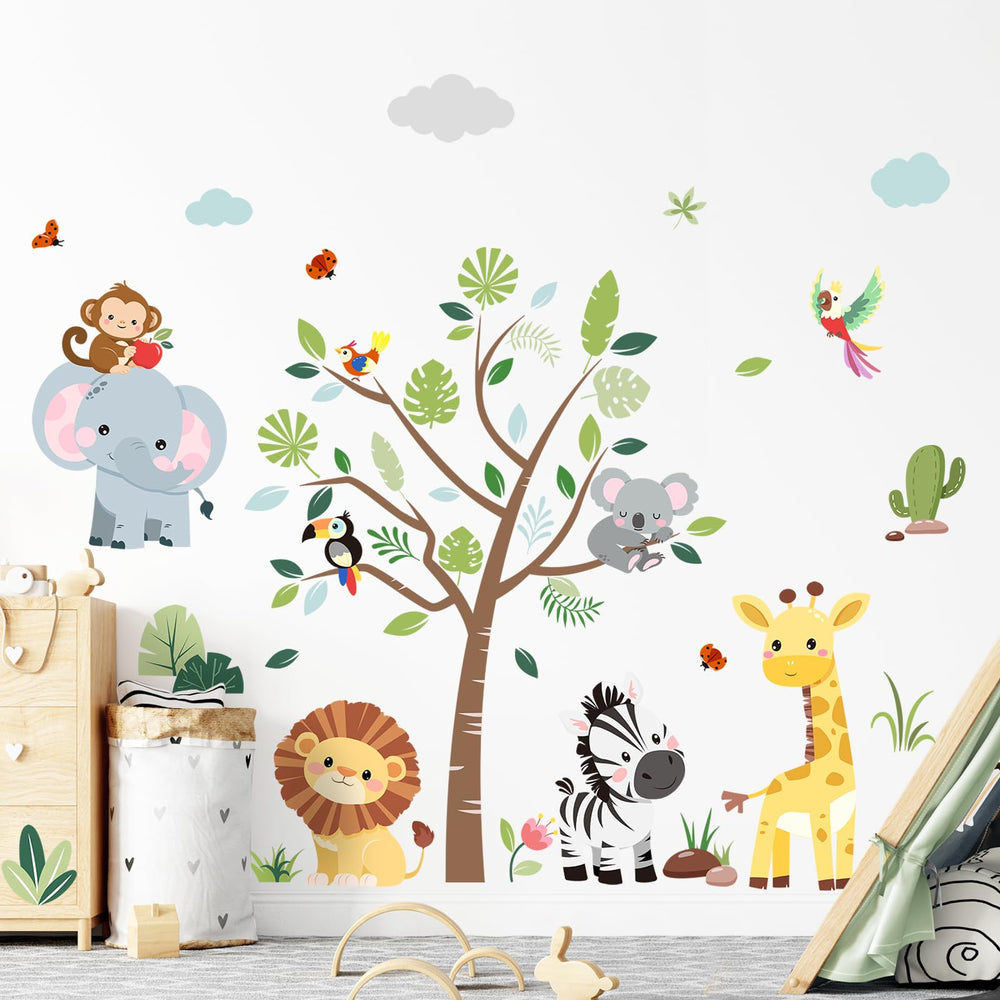 Supzone jungle animals tree wall decal lion—playful focal point for storytelling