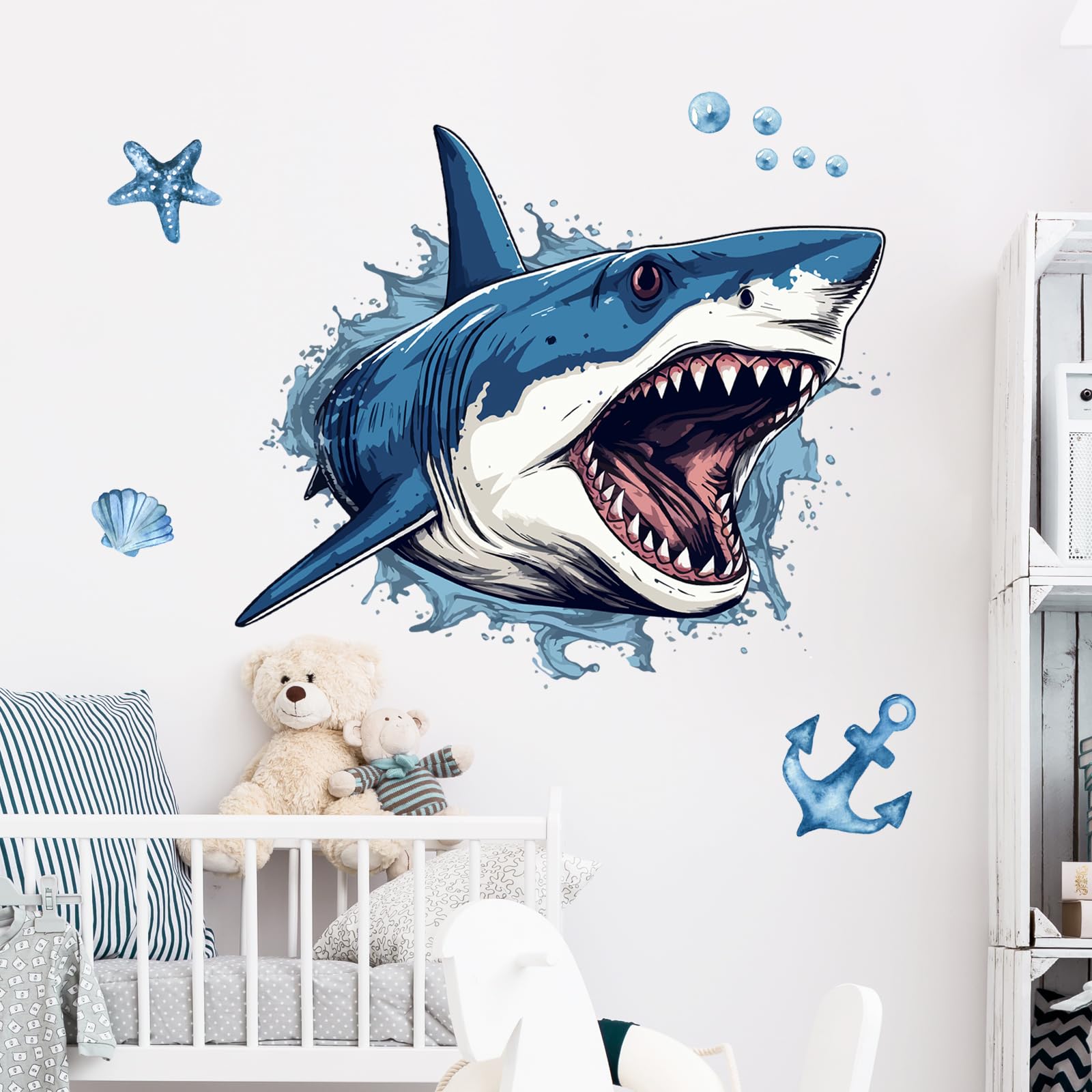 Supzone 3D shark decal layout on bedroom wall with finished size in mind