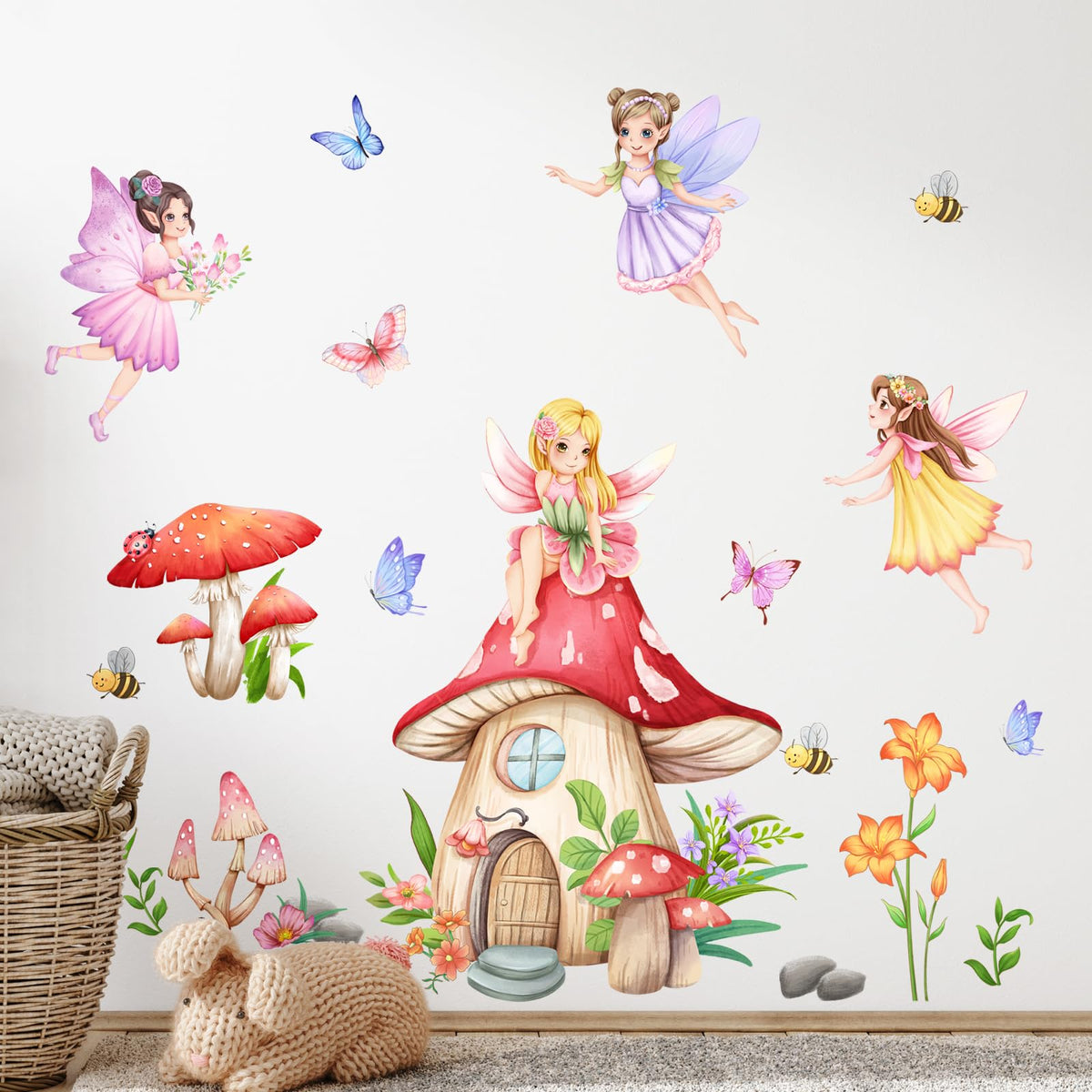 Supzone Mushroom House Wall Decal with fairy garden artwork for a cheerful girls' room.