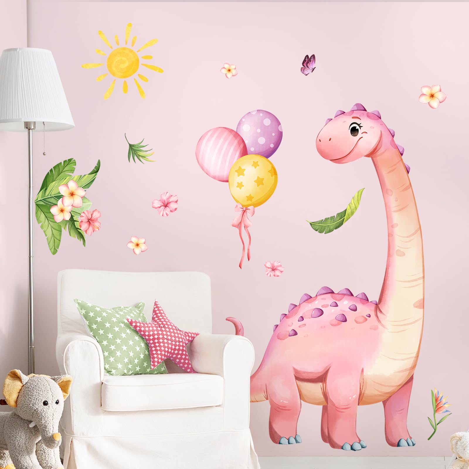 Supzone pink dinosaur wall decal with dino and flowers for playful kids’ room transformation