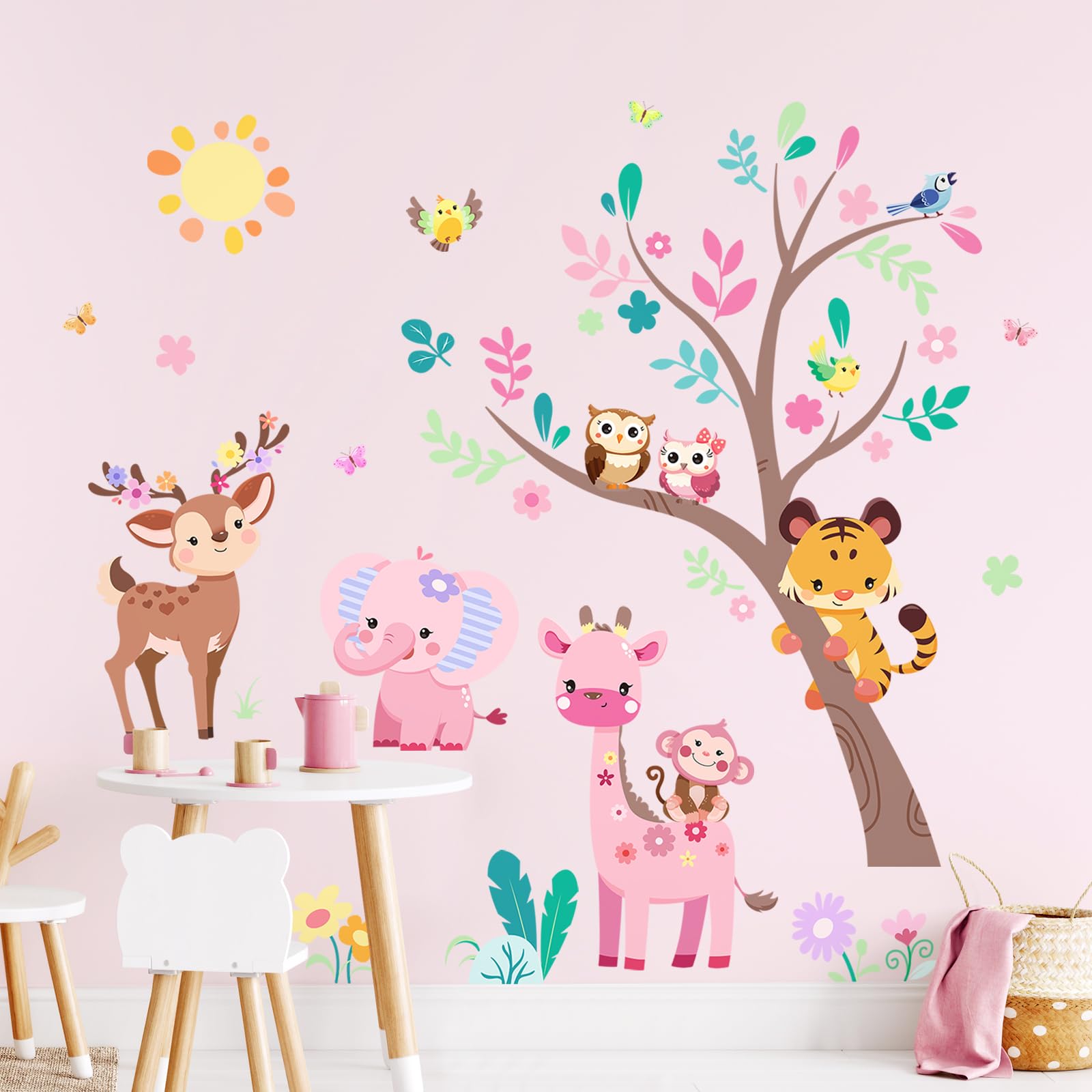 Supzone pink tree jungle wall decal creates a whimsical backdrop for kids' room decor.