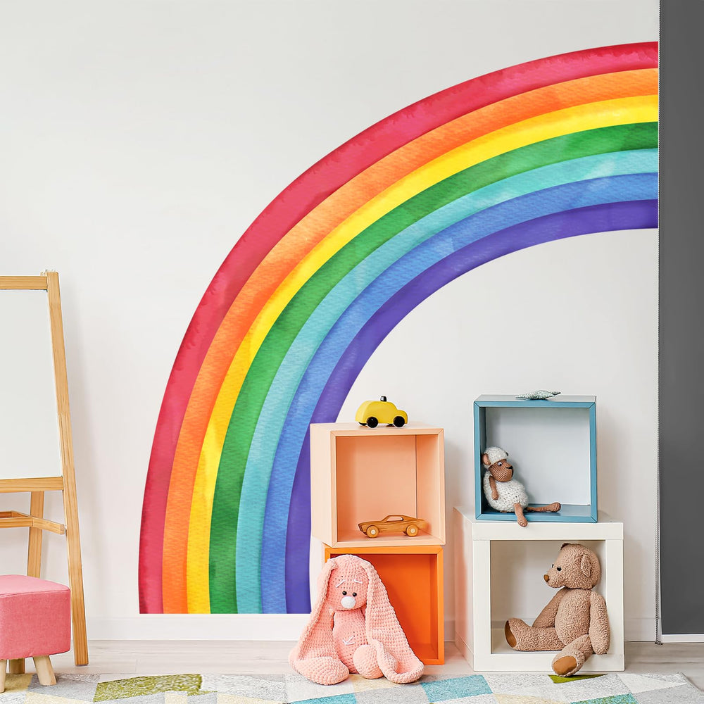 Supzone rainbow wall decals on a bedroom wall create a whimsical backdrop.