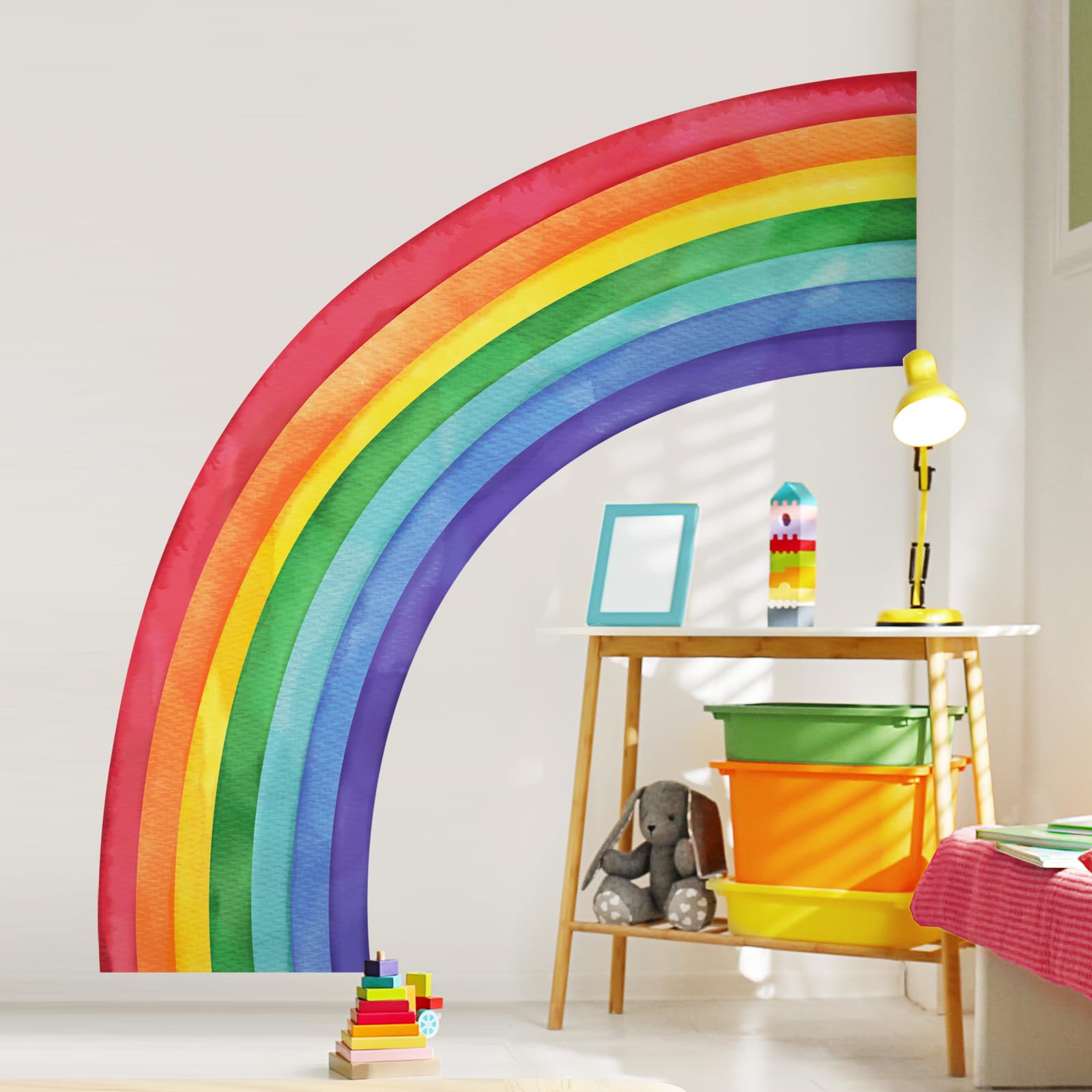 Supzone rainbow wall decals close-up reveals vivid watercolor gradients for a playful room design.