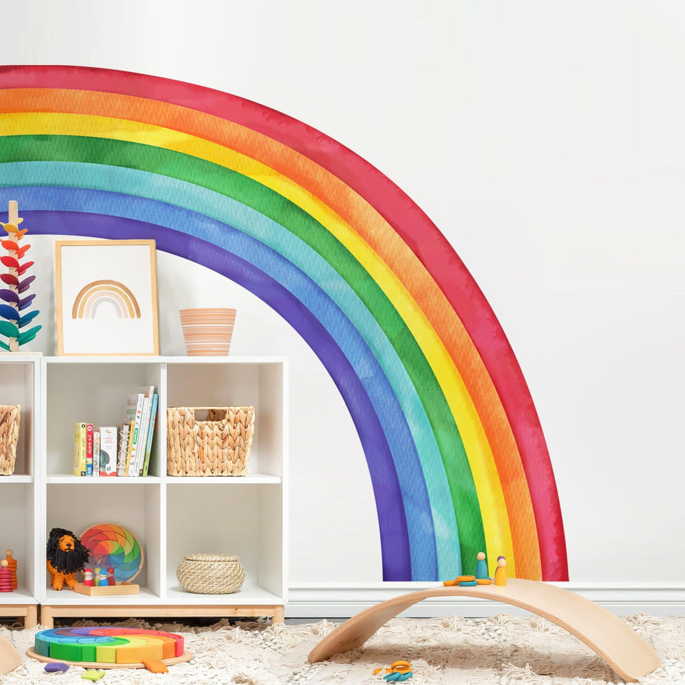 Supzone rainbow wall decals pieces ready to assemble into a large watercolor mural for kids.
