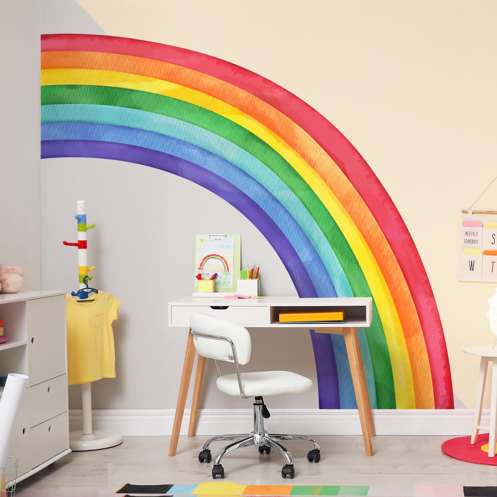 Supzone rainbow wall decals in a playroom brighten the learning corner with color.
