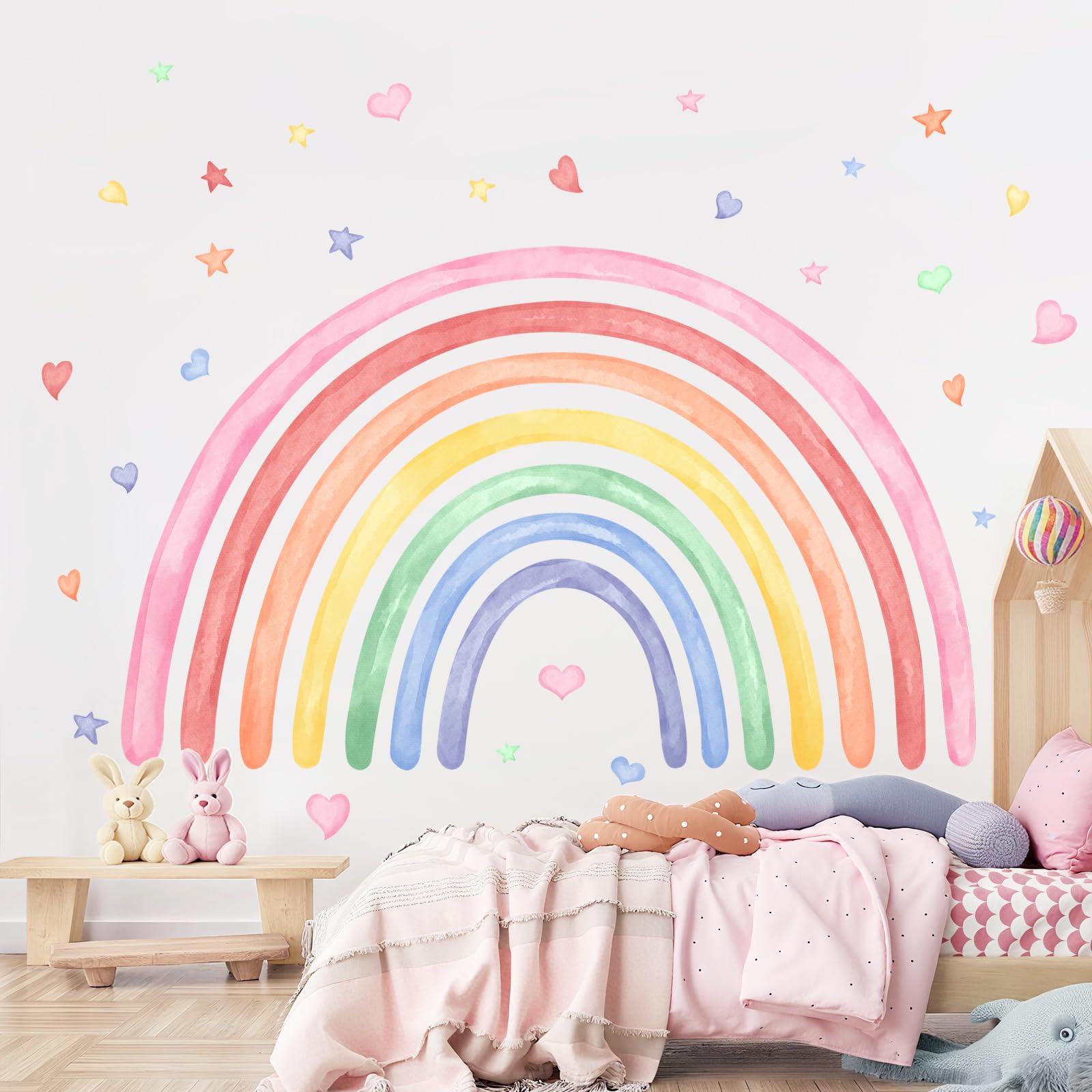 Supzone rainbow wall decals with hearts and stars for playful kids' rooms