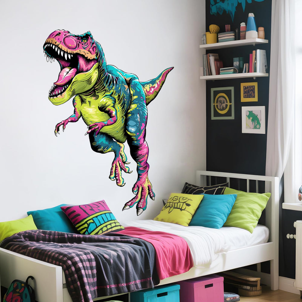 Supzone T-Rex wall decal application on wall demonstrates easy placement.