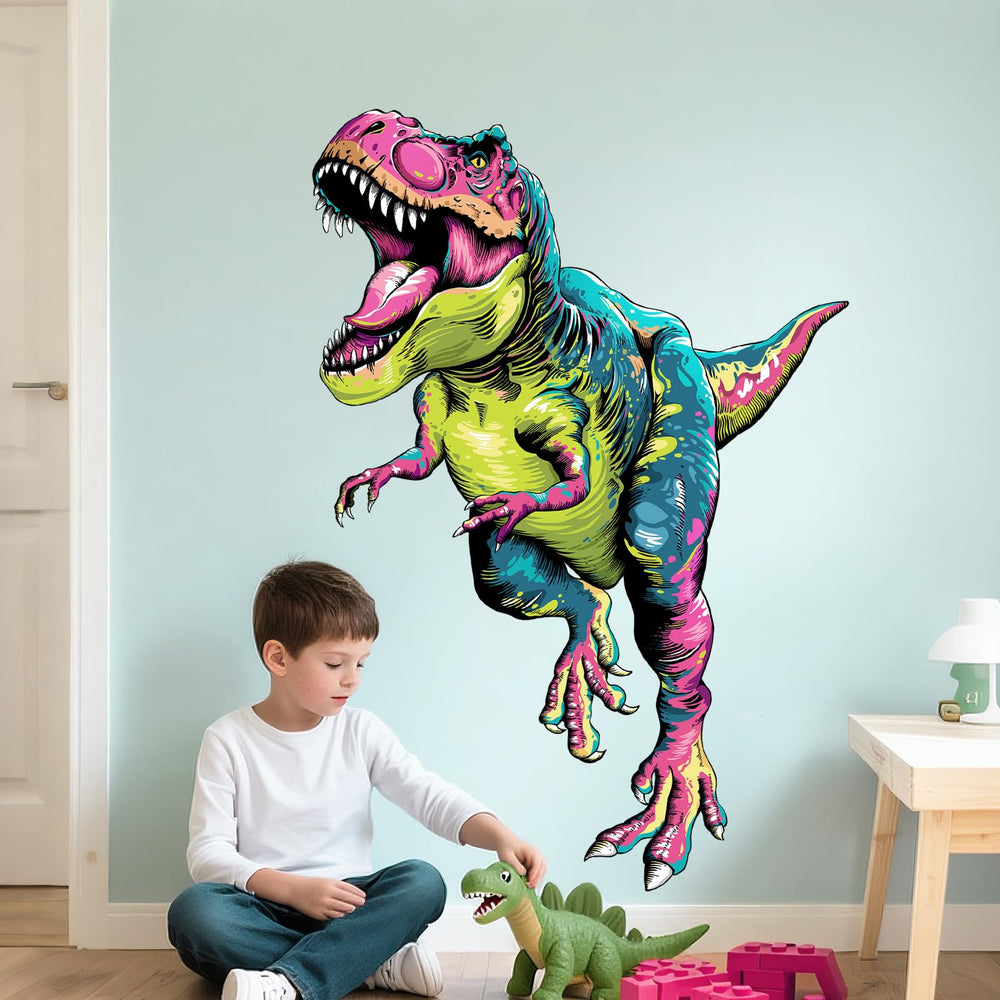 Supzone T-Rex wall decal shows a giant colorful dinosaur for a bold kids room focal point.