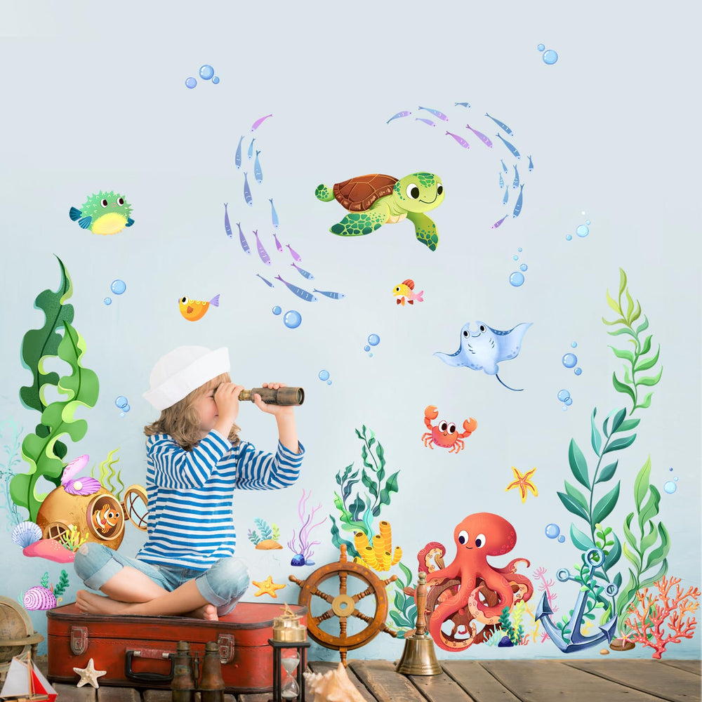Supzone Under The Sea sea turtle wall decal creates engaging kids' bedroom scene.