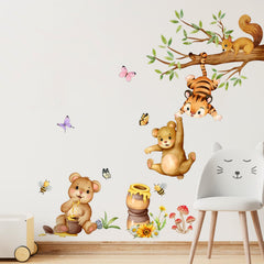 Supzone Woodland Bear Wall Stickers: bear swinging for honey, ideal for playful nursery scenes.