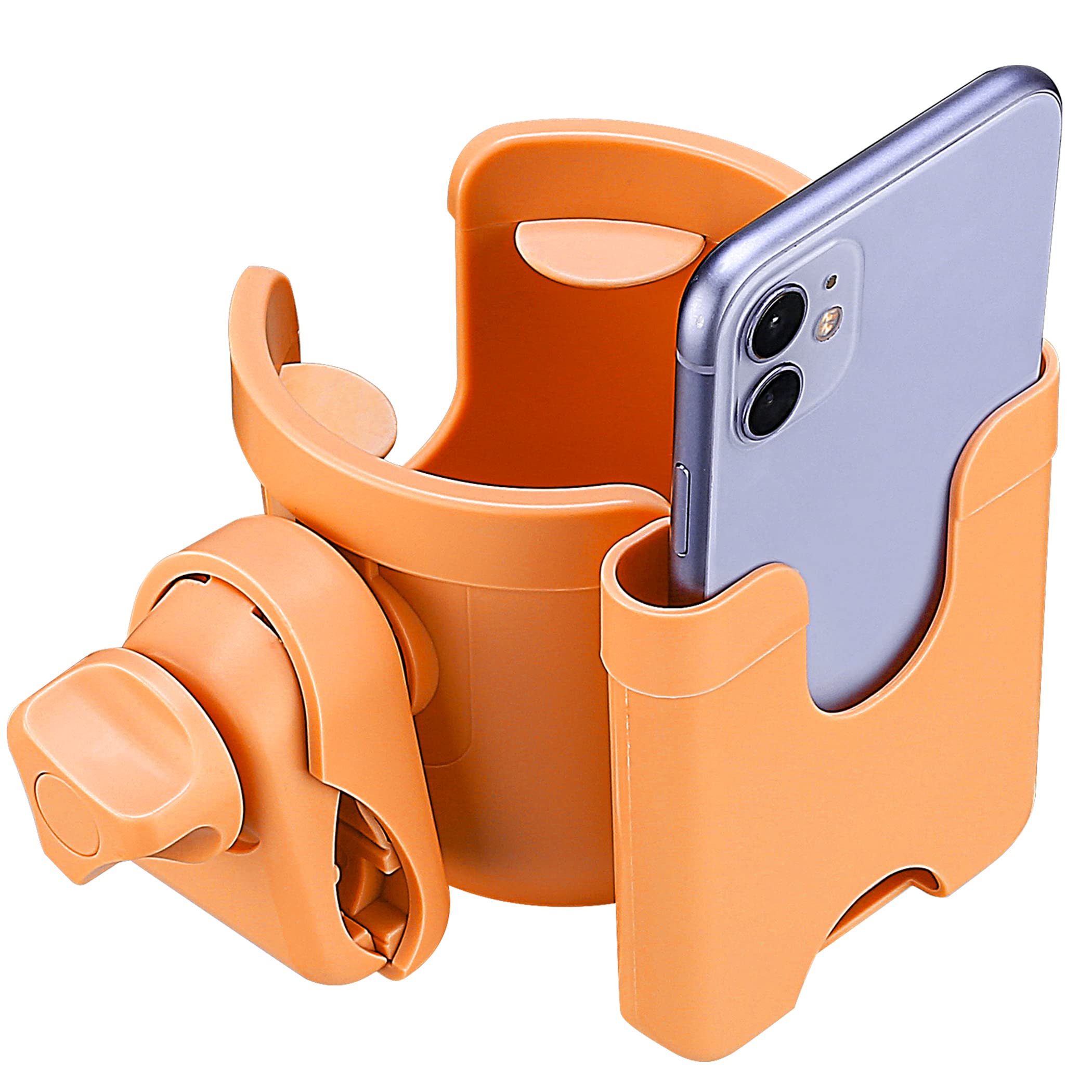 Suranew adjustable stroller cup holder in orange, front view for easy reach