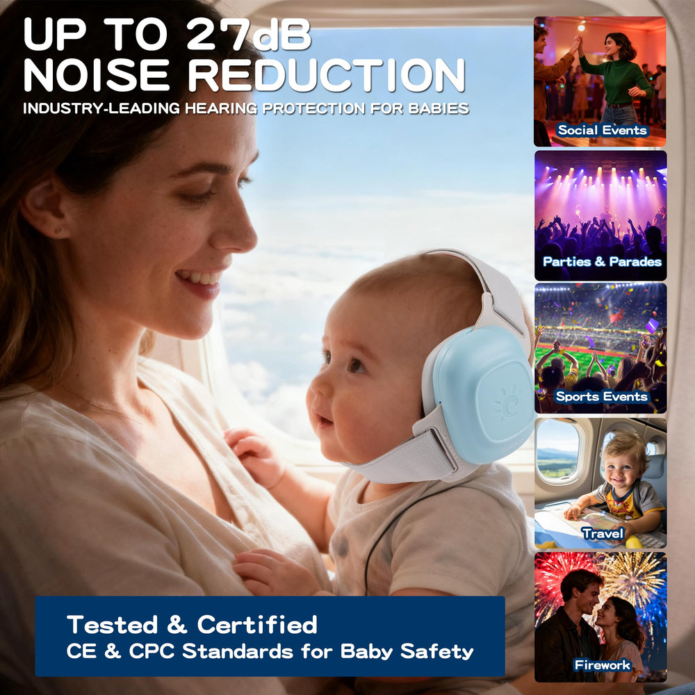 SURAVO Baby Earmuffs folded in a compact travel case for on the go