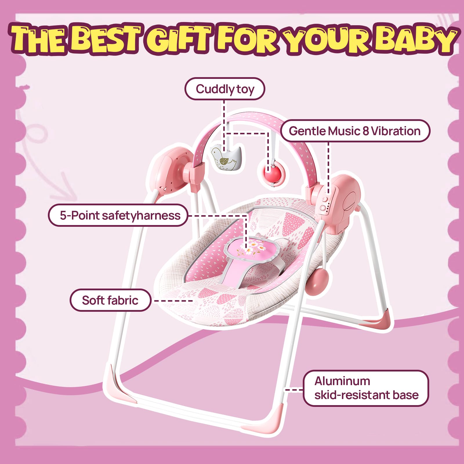 Surbowbaby portable baby swing 5-speed-levels offer customizable motion for comfort.